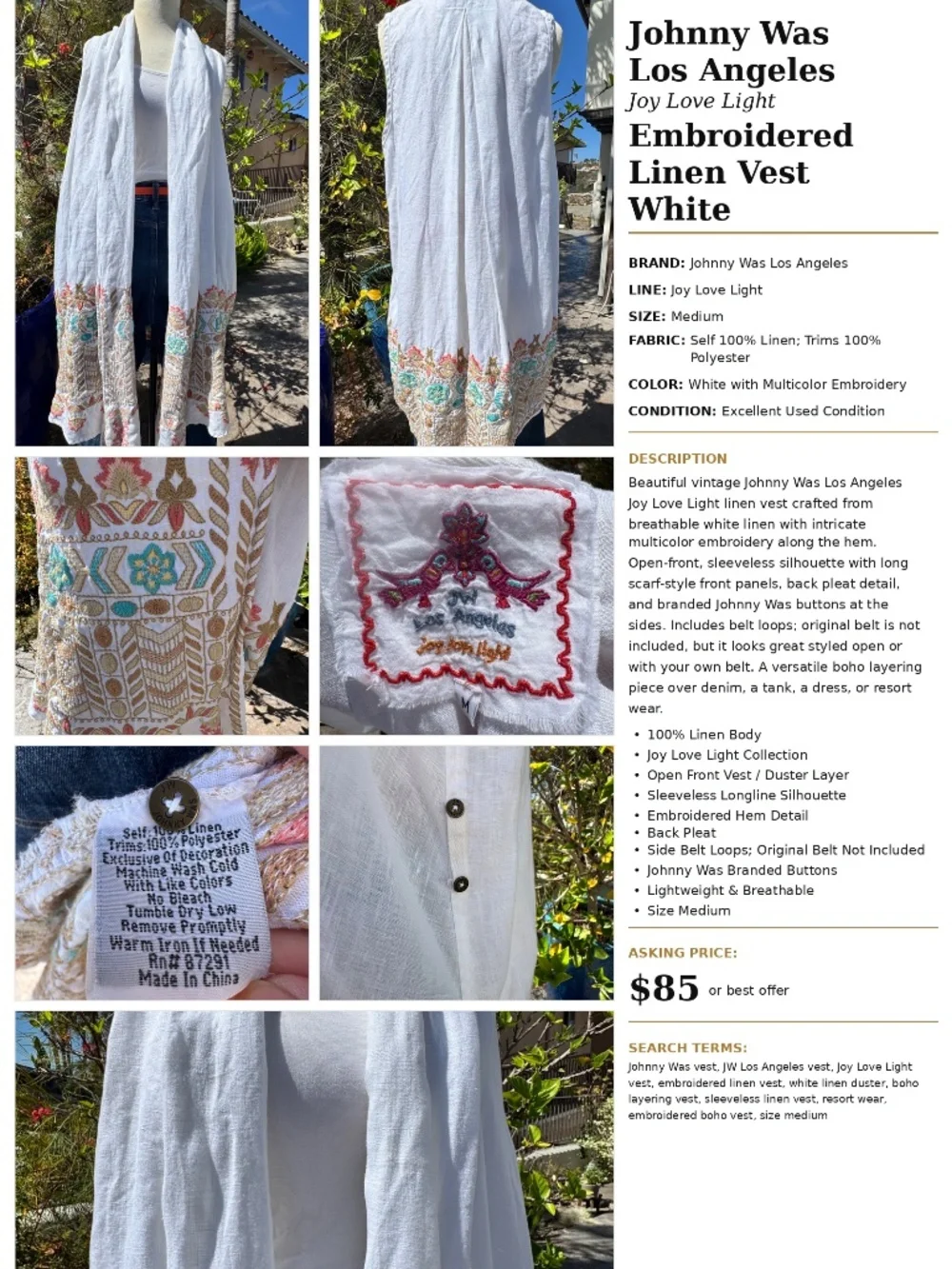 Johnn Was Joy Love Light Longline Linen Vest
